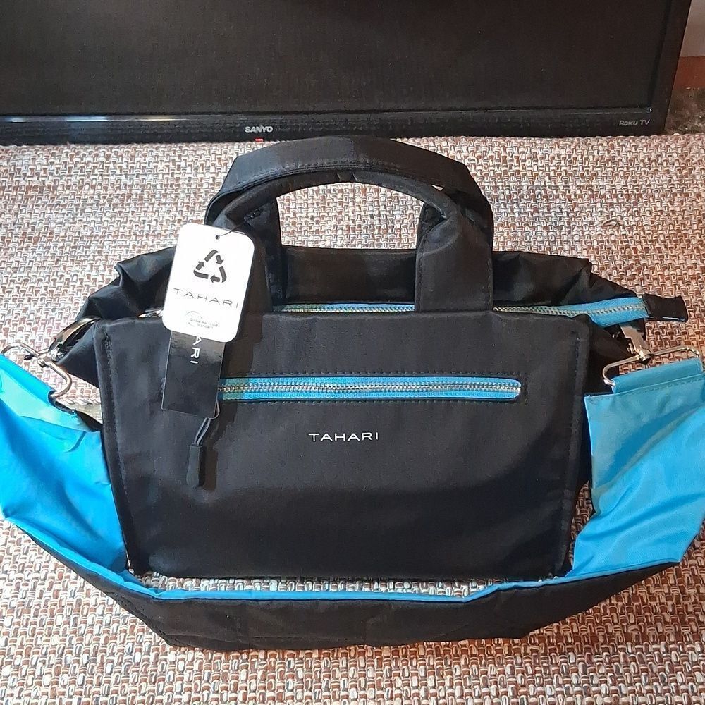 Tahari Bree Satchel Black And Aqua With Detachable Strap New With Tags